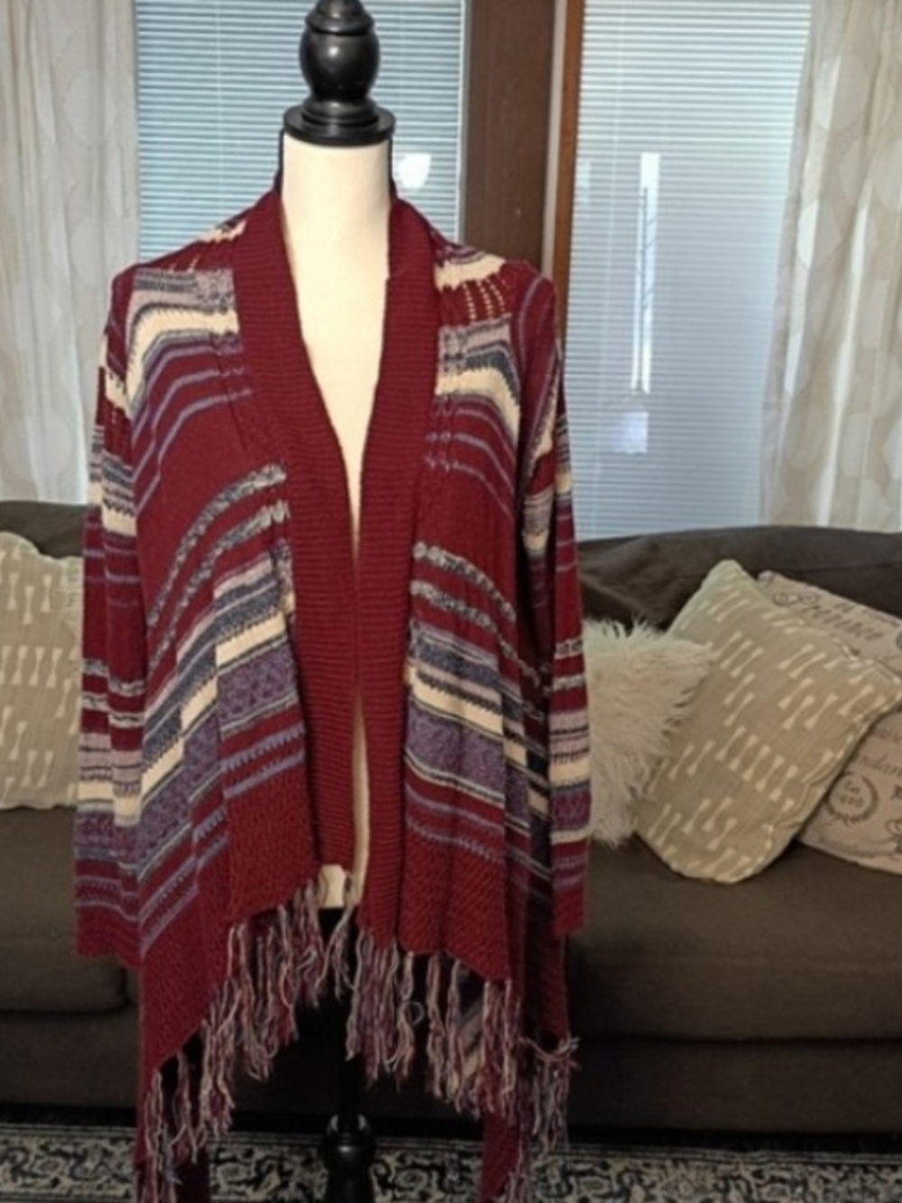 Charlotte. Russe Women's Burgundy Striped Fringe Long Waterfall Cardigan Sweater